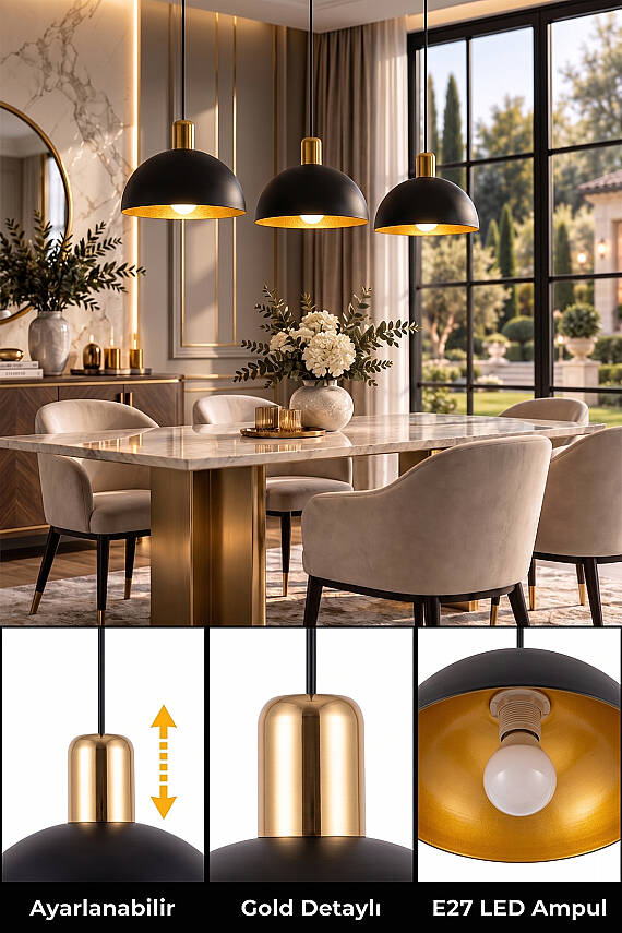 Luna Gold Detaylı Siyah - Golden Metal Sarkıt (30 cm) Yemek Masası Üstü Avize Mutfak & Salon Aydınlatması - 4