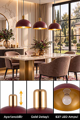 Luna Gold Detaylı Bordo - Golden Metal Sarkıt (30 cm) Yemek Masası Üstü Avize Mutfak & Salon Aydınlatması - 4