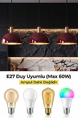 Luna Gold Detaylı Bordo - Golden Metal Sarkıt (30 cm) Yemek Masası Üstü Avize Mutfak & Salon Aydınlatması - 6