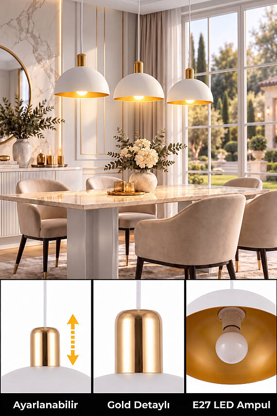Luna Gold Detaylı Beyaz - Golden Metal Sarkıt (30 cm) Yemek Masası Üstü Avize Mutfak & Salon Aydınlatması - 5