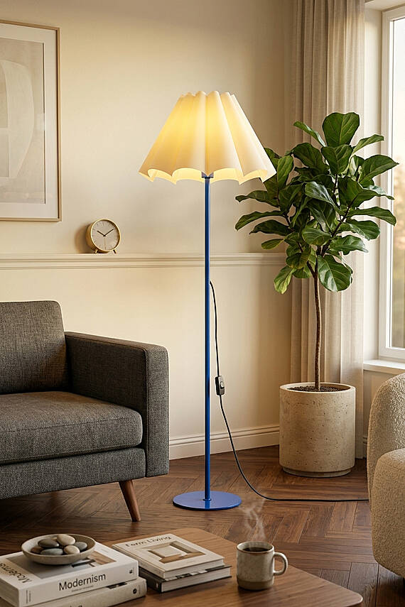 Flora Krem Başlık Lacivert Gövde Pilili Lambader (145 cm) Tek Ayaklı Salon Aydınlatması - 4