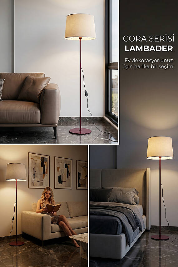 Cora Tek Ayaklı Bordo Metal Krem Kumaş Lambader Salon & Oturma Odası & Yatak Odası - 5