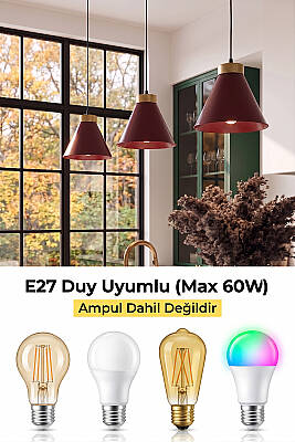 Liva Bohem Gold Bordo Metal Sarkıt (20 cm) Yemek Masası Üstü Avize Mutfak & Salon Aydınlatması - 5