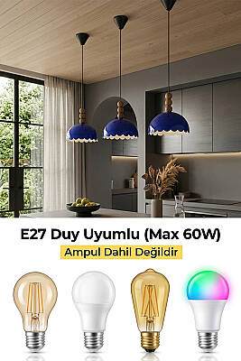 Bella Ahşap 3 Boncuklu Avize 30 cm - Lacivert - 6