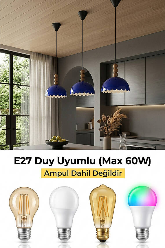 Bella Ahşap 3 Boncuklu Avize 30 cm - Lacivert - 6