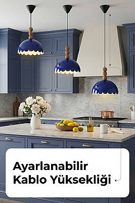 Bella Ahşap 3 Boncuklu Avize 30 cm - Lacivert - 7