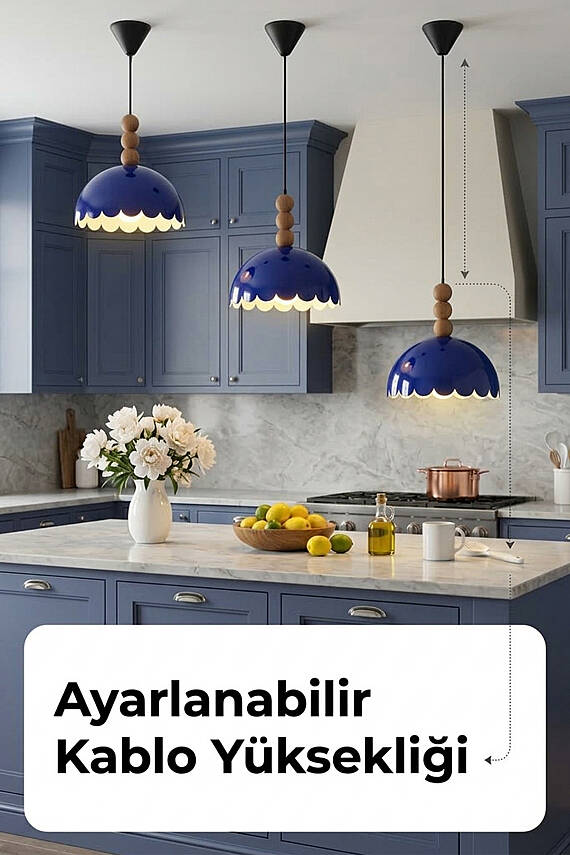 Bella Ahşap 3 Boncuklu Avize 30 cm - Lacivert - 7