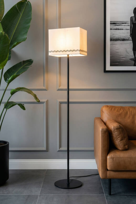 Corner Black & Cream Floor Lamp - Tulip Pattern - 1