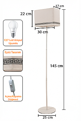 Corner Krem Dikdörtgen Başlıklı Lambader - 145 cm Tek Ayaklı Luxury Desenli Metal Köşe Lambası - 8