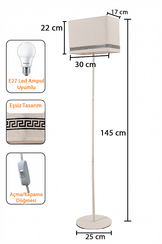 Corner Krem Dikdörtgen Başlıklı Lambader - 145 cm Tek Ayaklı Luxury Desenli Metal Köşe Lambası - 8