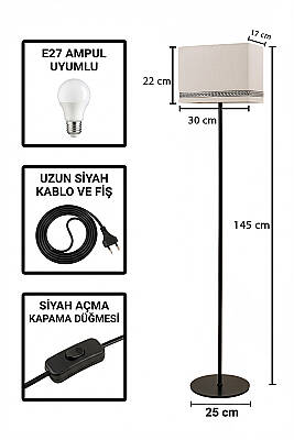Corner Siyah Dikdörtgen Başlıklı Lambader - 145 cm Tek Ayaklı Luxury Desenli Metal Köşe Lambası - 5