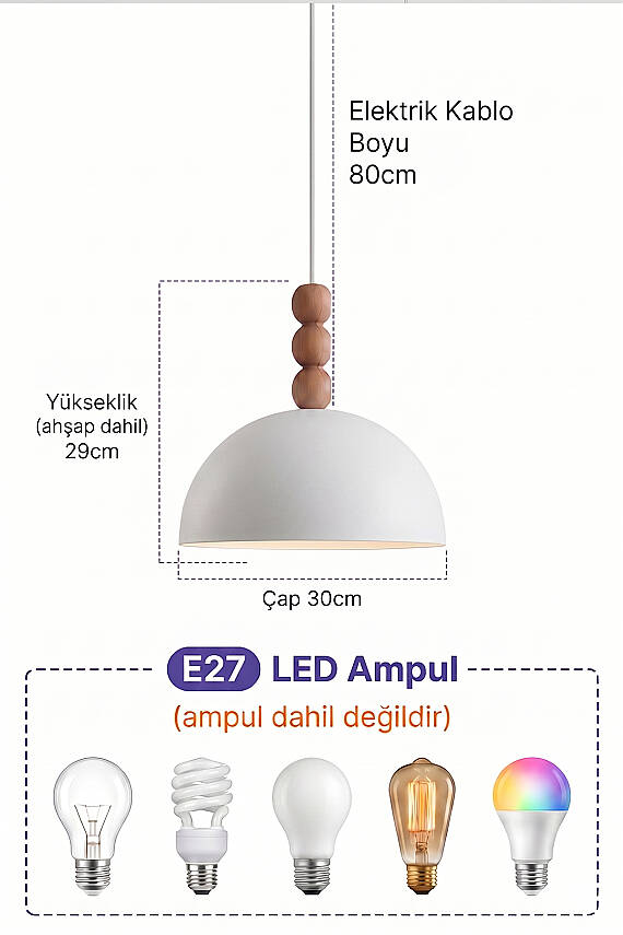 Luna Bohem Ahşap 3 Boncuklu Beyaz Metal Sarkıt (30 cm) Yemek Masası Üstü Avize Salon Aydınlatma - 6