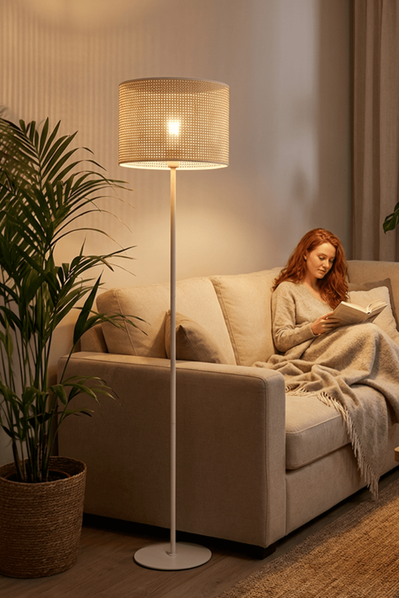 June Hasır Görünümlü Bohem Lambader - Krem Metal Ayak Rattan Stil 145 cm - 4