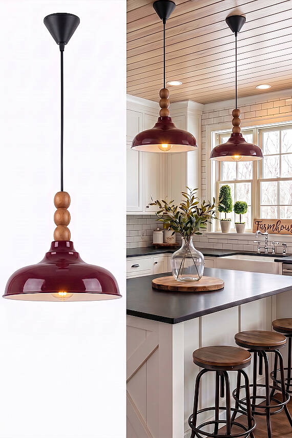 Lora Ahşap 3 Boncuklu Avize 33 cm - Bordo - 4