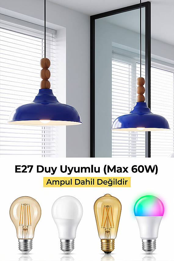 Lora Ahşap 3 Boncuklu Avize 33 cm - Lacivert - 7