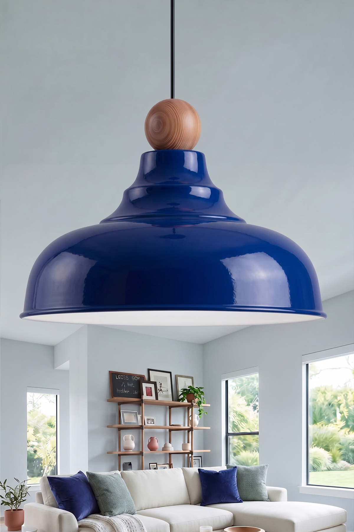 Lora Ahşap Boncuklu Avize 33 cm - Lacivert