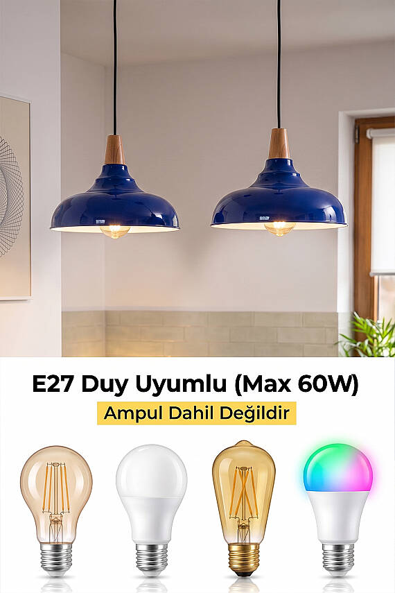 Lora Ahşap Avize 33 cm - Lacivert - 7