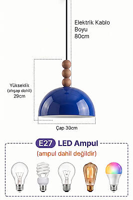 Luna Ahşap 3 Boncuklu Avize 30 cm - Lacivert - 7