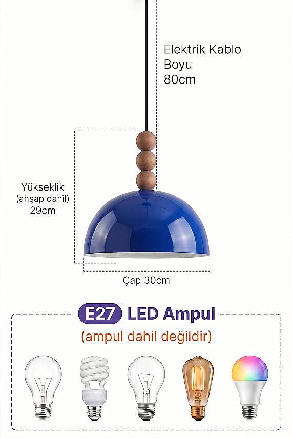 Luna Ahşap 3 Boncuklu Avize 30 cm - Lacivert - 7