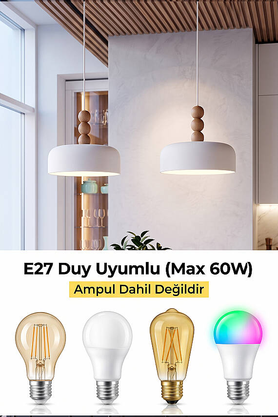 Marella Ahşap 3 Boncuklu Avize 30 cm - Beyaz - 6