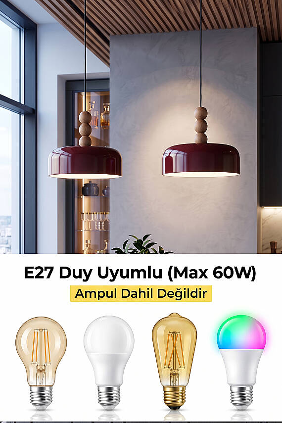 Marella Ahşap 3 Boncuklu Avize 30 cm - Bordo - 7