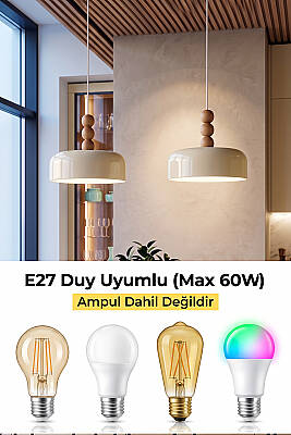 Marella Ahşap 3 Boncuklu Avize 30 cm - Krem - 6