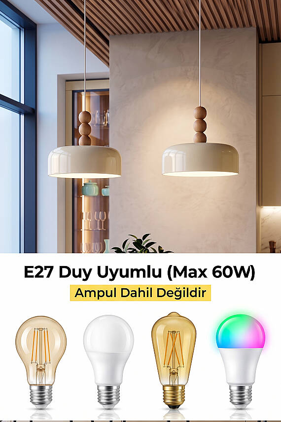 Marella Ahşap 3 Boncuklu Avize 30 cm - Krem - 6