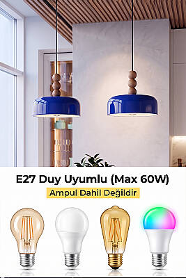 Marella Ahşap 3 Boncuklu Avize 30 cm - Lacivert - 6