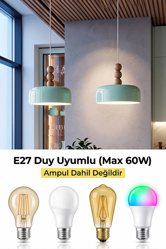 Marella Ahşap 3 Boncuklu Avize 30 cm - Mint Yeşili - 6