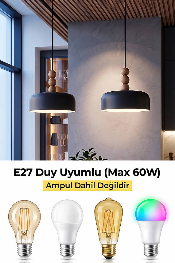 Marella Ahşap 3 Boncuklu Avize 30 cm - Siyah - 6