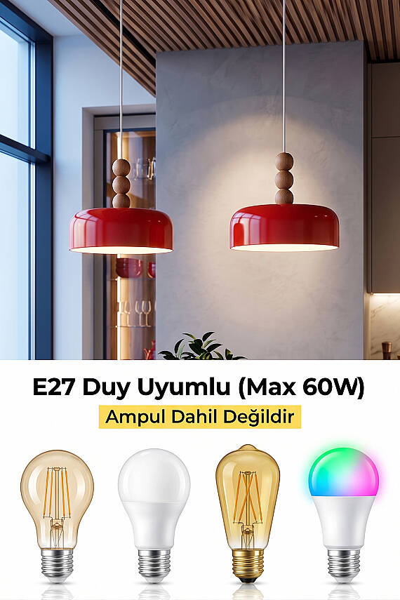 Marella Ahşap 3 Boncuklu Avize 30 cm - Turuncu - 6