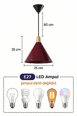 Cone Ahşap Avize 25 cm - Bordo - 7