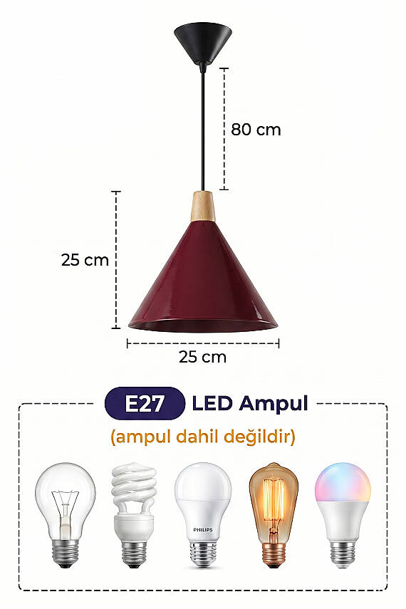 Cone Ahşap Avize 25 cm - Bordo - 7
