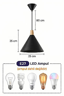 Cone Ahşap Avize 25 cm - Siyah - 7