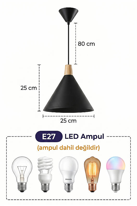 Cone Ahşap Avize 25 cm - Siyah - 7