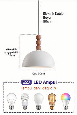 Luna Ahşap 3 Boncuklu Avize 30 cm - Beyaz - 6