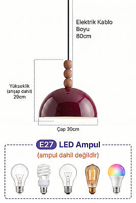 Luna Ahşap 3 Boncuklu Avize 30 cm - Bordo - 3