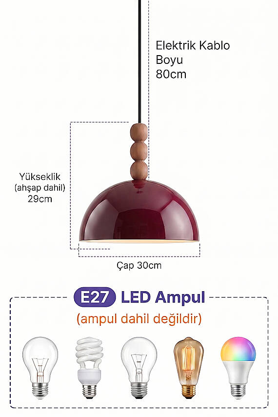 Luna Ahşap 3 Boncuklu Avize 30 cm - Bordo - 3