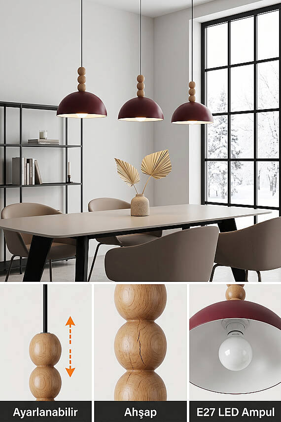 Luna Ahşap 3 Boncuklu Avize 30 cm - Bordo - 7