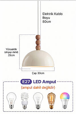 Luna Ahşap 3 Boncuklu Avize 30 cm - Krem - 6