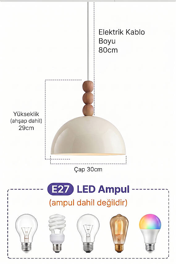 Luna Ahşap 3 Boncuklu Avize 30 cm - Krem - 6