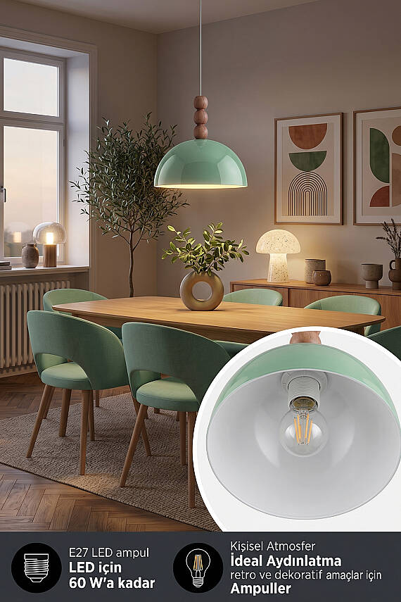 Luna Ahşap 3 Boncuklu Avize 30 cm - Mint Yeşili - 4