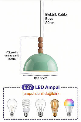 Luna Ahşap 3 Boncuklu Avize 30 cm - Mint Yeşili - 5