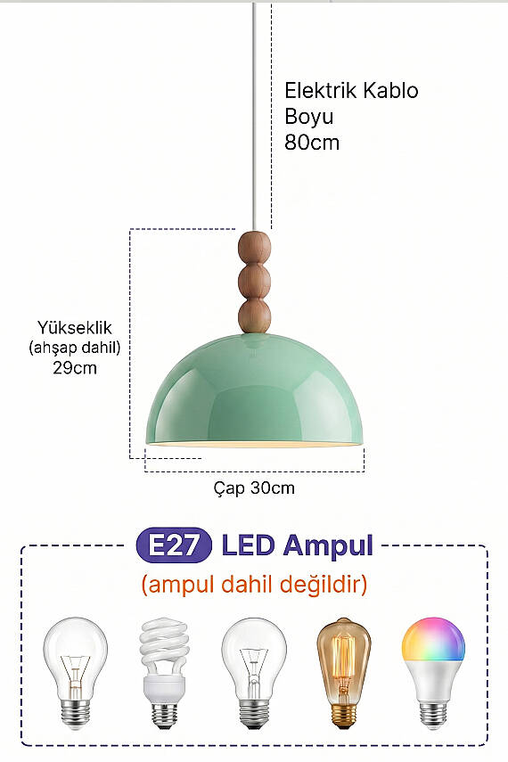 Luna Ahşap 3 Boncuklu Avize 30 cm - Mint Yeşili - 5