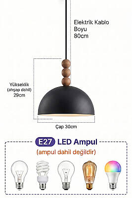 Luna Ahşap 3 Boncuklu Avize 30 cm - Siyah - 7