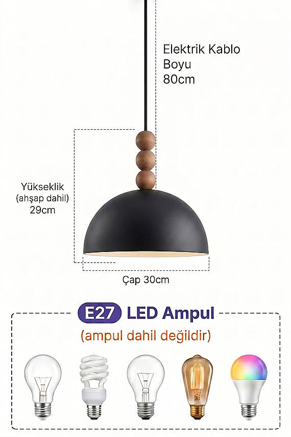 Luna Ahşap 3 Boncuklu Avize 30 cm - Siyah - 7