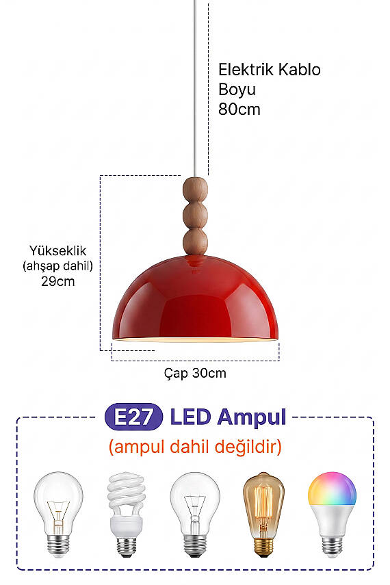 Luna Ahşap 3 Boncuklu Avize 30 cm - Turuncu - 5