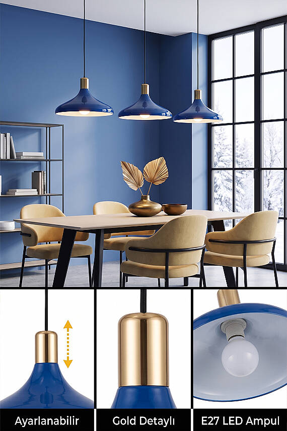 Nova Golden Lacivert Gold Aksesuarlı Metal Sarkıt (35 cm) - 4