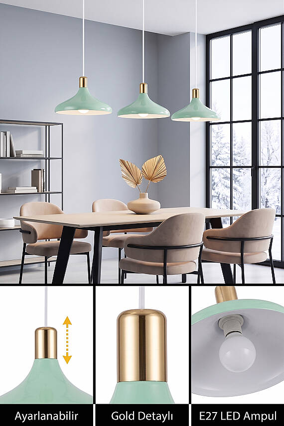 Nova Golden Mint Yeşili Gold Aksesuarlı Metal Sarkıt (35 cm) - 4