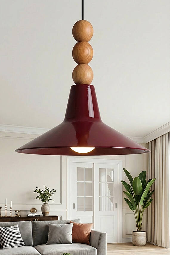 Ruby Ahşap 3 Boncuklu Avize 30 cm - Bordo - 1